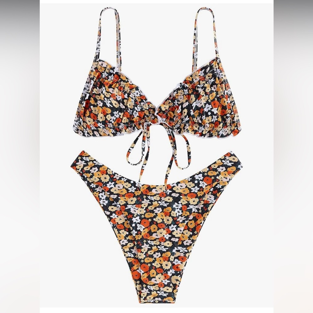 Zaful Triangle Ruffles Bow Tie Up Bikini Two Piece Swimsuit Black Floral Medium